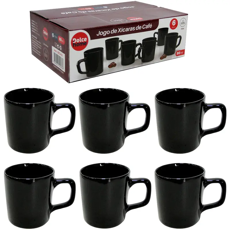 JOGO DE XICARA DE PORCELANA PARA CAFE PRETA COM 6 PECAS 80ML NA CAIXA