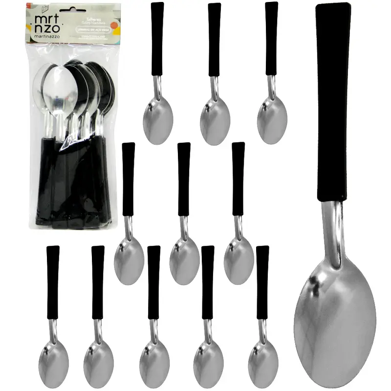 COLHER DE MESA DE INOX CABO PLASTICO PRETO UNA COM 12 PECAS 19CM