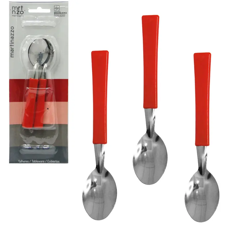 COLHER DE CHA DE INOX CABO PLASTICO VERMELHO UNA COM 3 PECAS 13,5CM