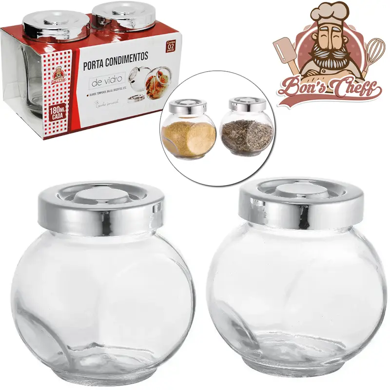 PORTA CONDIMENTO DE VIDRO BALEIRO 2 PECAS 180ML + TAMPA DE PLASTICO PRATA BONS CHEFF