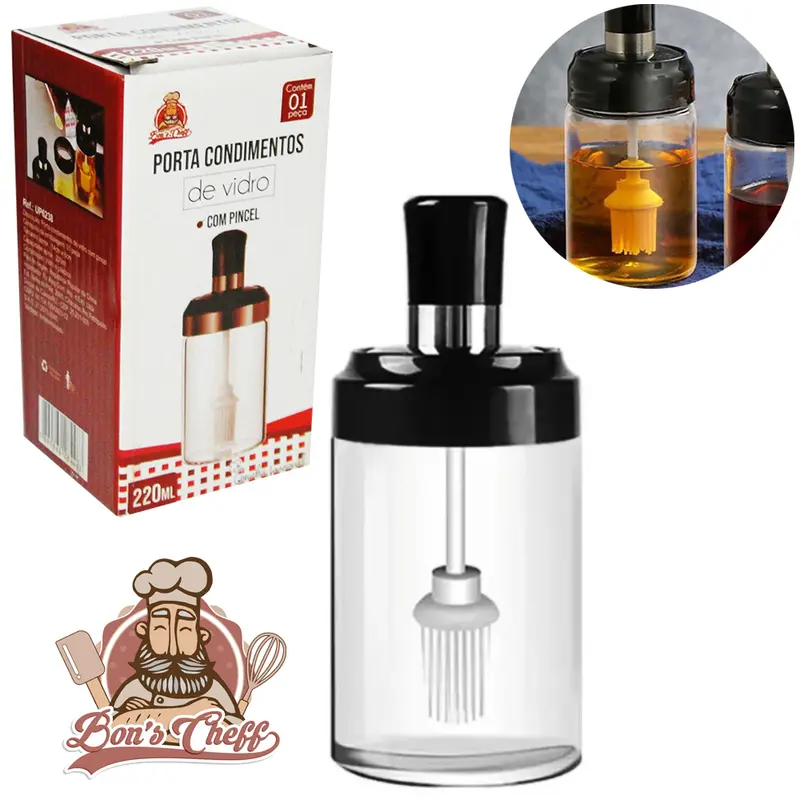 PORTA CONDIMENTO DE VIDRO COM TAMPA DE PLASTICO + PINCEL DE SILICONE 220ML 14X6CM DE Ø BONS CHEFF