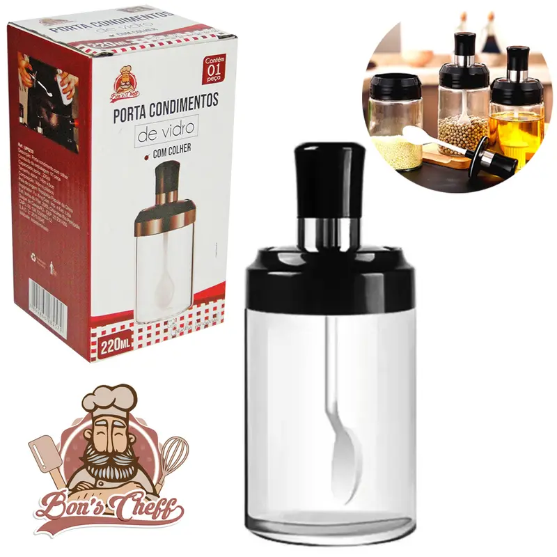 PORTA CONDIMENTO DE VIDRO COM TAMPA + COLHER DE PLASTICO 220ML 14X6CM DE Ø BONS CHEFF