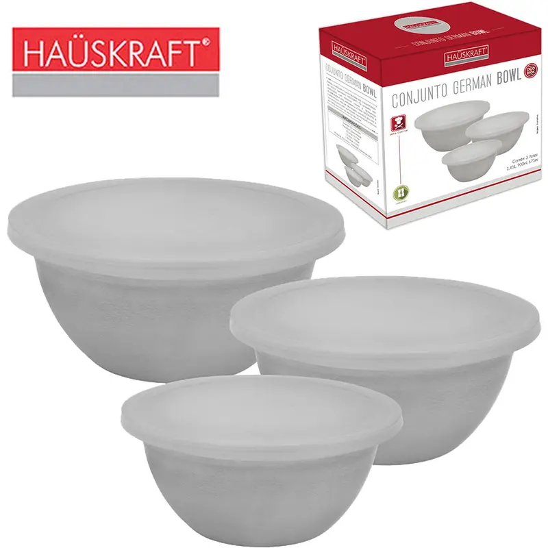 CONJUNTO DE POTE / TIGELA DE INOX REDONDA BOWL COM TAMPA GERMAN HAUSKRAFT 3 PECAS NA CAIXA