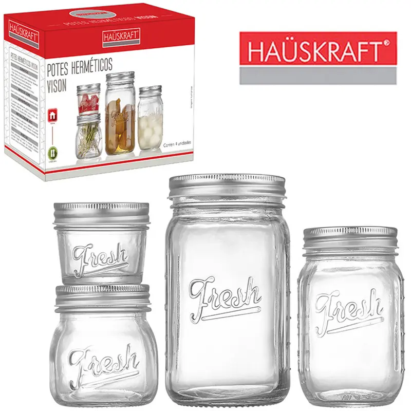 CONJUNTO DE POTE DE VIDRO REDONDO COM TAMPA HERMETICA DE INOX VISION HAUSKRAFT 4 PECAS