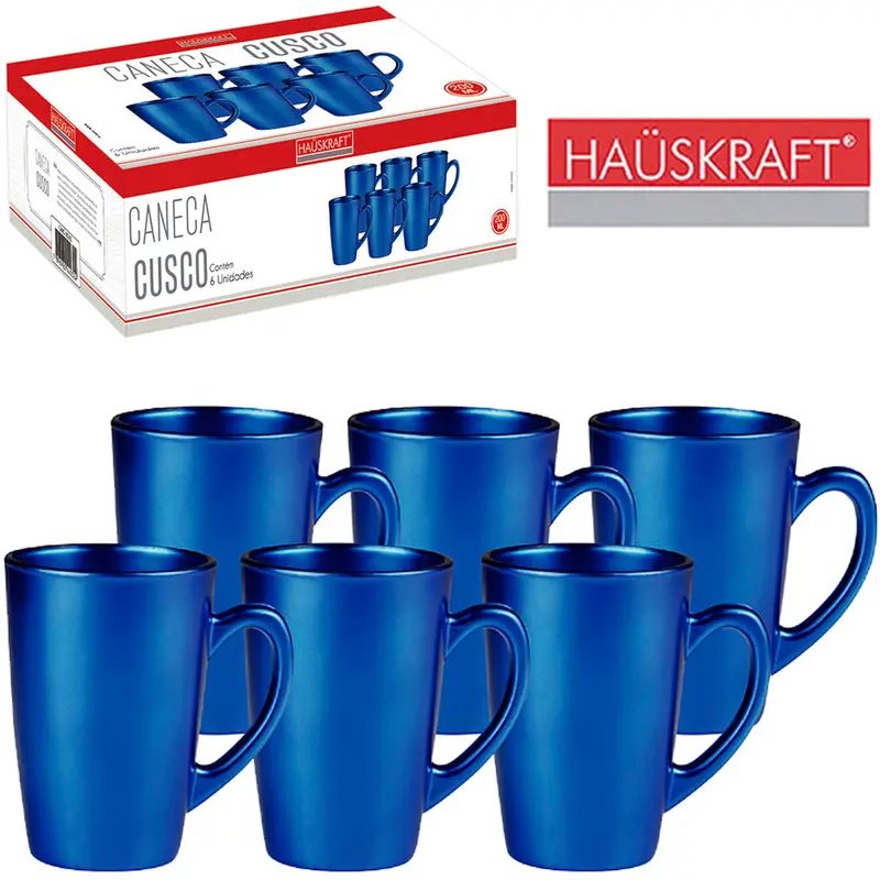 JOGO DE CANECA XICARA DE VIDRO PARA CAFE / CAPPUCCINO CUSCO AZUL HAUSKRAFT COM 6 PECAS 200ML