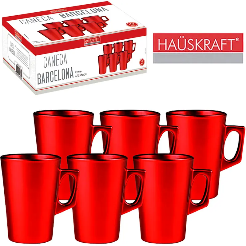 JOGO DE CANECA XICARA DE VIDRO PARA CAFE / CAPPUCCINO BARCELONA VERMELHO HAUSKRAFT COM 6 PECAS 140ML
