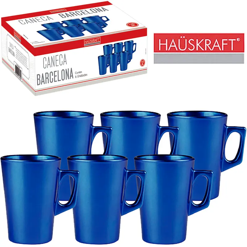 JOGO DE CANECA XICARA DE VIDRO PARA CAFE / CAPPUCCINO BARCELONA AZUL HAUSKRAFT COM 6 PECAS 140ML