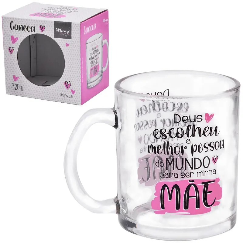 CANECA XICARA DE VIDRO FRASES MAE 320ML