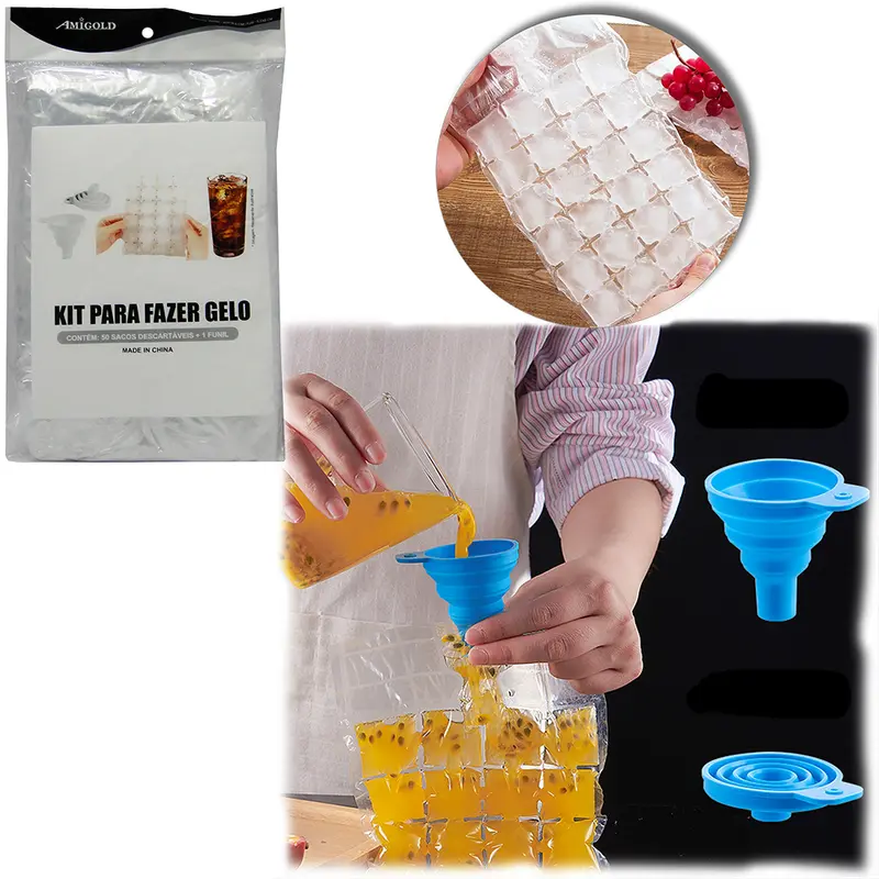 KIT PARA FAZER GELO COM 50 SACOS DESCARTAVEIS + FUNIL DE SILICONE
