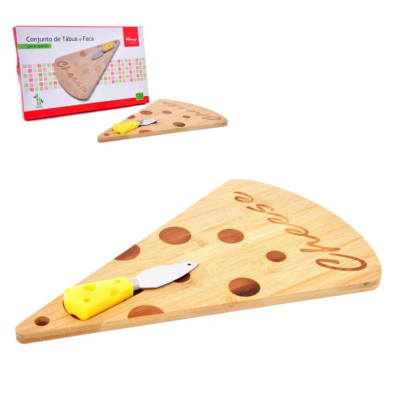 CONJUNTO PARA QUEIJO E FRIOS COM FACA DE INOX + TABUA TRIANGULAR DE BAMBU 33X21CM