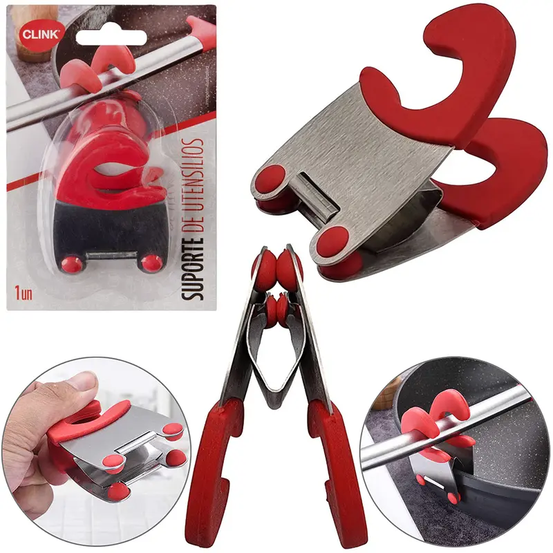 SUPORTE DE UTENSILIOS DE INOX CABO PLASTICO PARA BORDA PANELA COM CLIP 7,5X5X4,5CM NA CARTELA