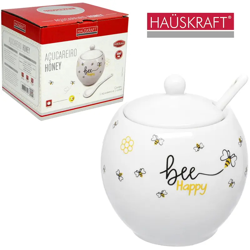 ACUCAREIRO / PORTA CONDIMENTO DE PORCELANA COM COLHER + TAMPA HONEY HAUSKRAFT 350ML