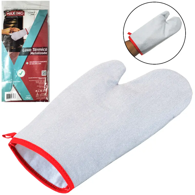 LUVA PARA COZINHA DE POLIESTER TERMICA LONGA METALIZADA PRATA 35X18CM