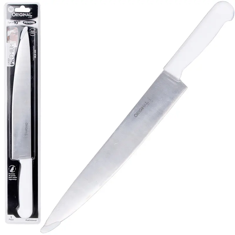 FACA DE CARNE / PEIXEIRA DE INOX 10'' CABO PLASTICO BRANCO PREMIUM