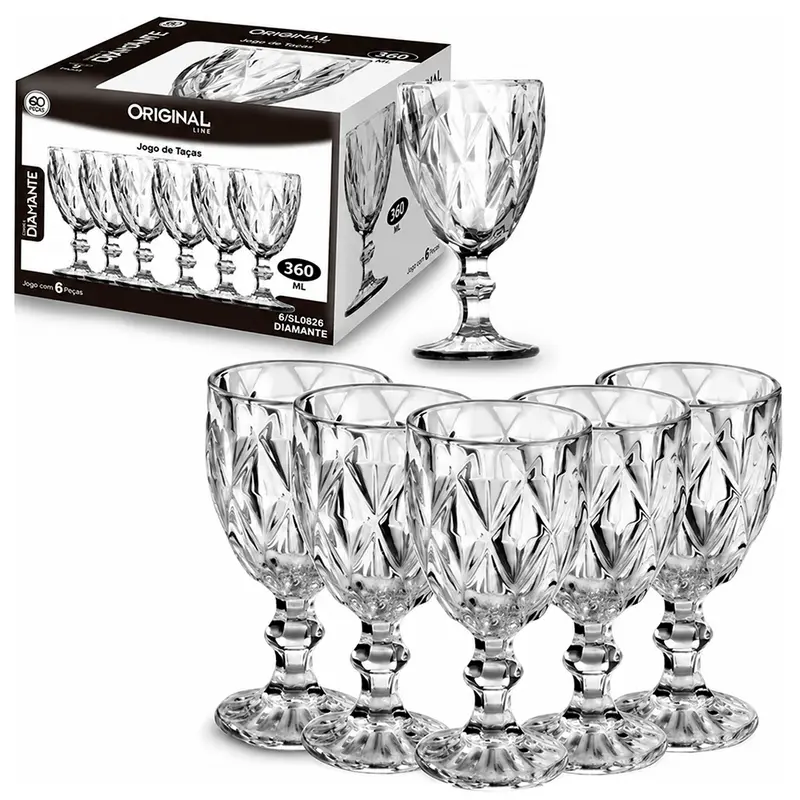 JOGO DE TACA DE VIDRO PARA AGUA / VINHO DIAMANTE COM 6 PECAS 360ML
