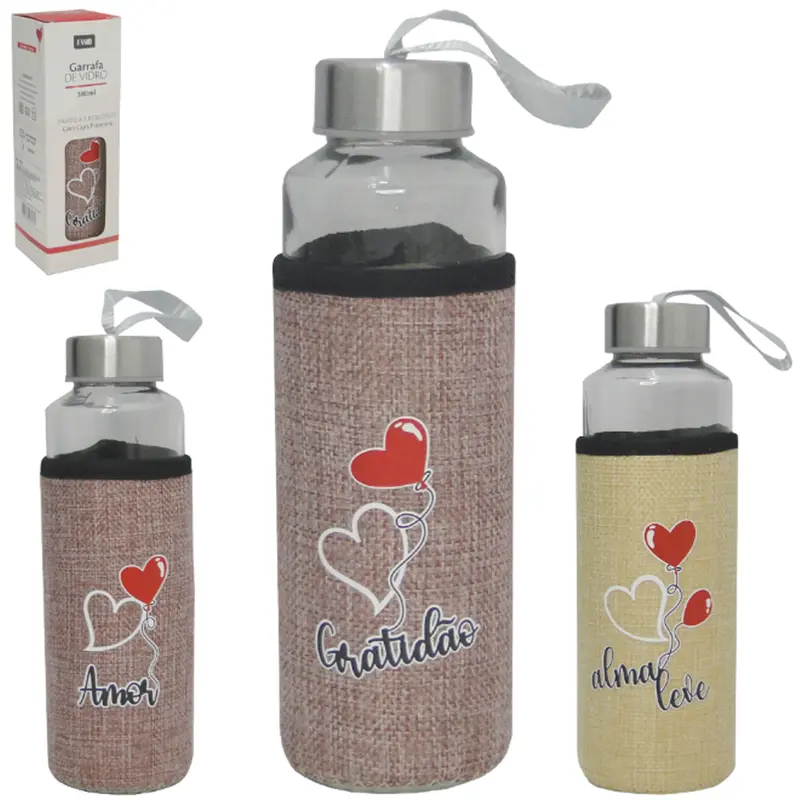 GARRAFA DE VIDRO COM TAMPA DE INOX + CAPA NEOPRENE SORTIDAS 380ML