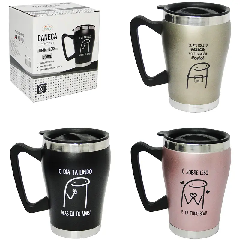 CANECA TERMICA DE INOX COM PAREDE DUPLA + TAMPA DE PLASTICO LINHA FLORK 360ML