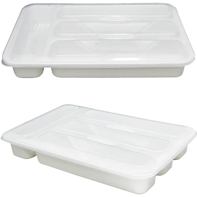 PORTA TALHER DE GAVETA DE PLASTICO BRANCO COM 4 DIVISORIAS + TAMPA 32,5X21X5CM