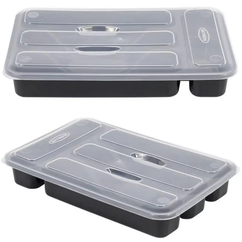 PORTA TALHER DE GAVETA DE PLASTICO PRETO COM 4 DIVISORIAS + TAMPA 32,5X21X5CM