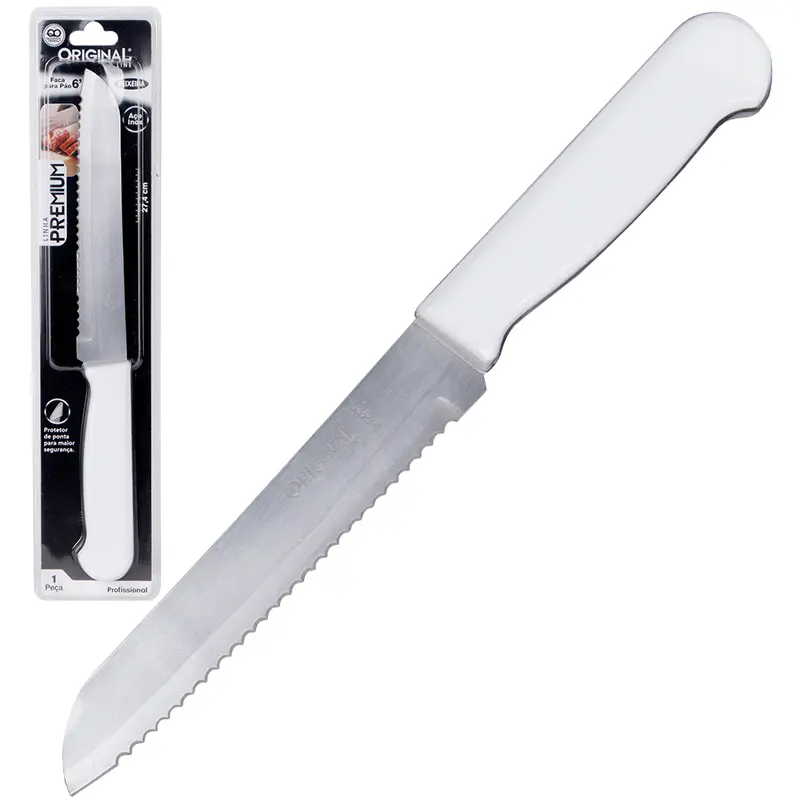 FACA DE PAO DE INOX 6'' CABO PLASTICO BRANCO PREMIUM