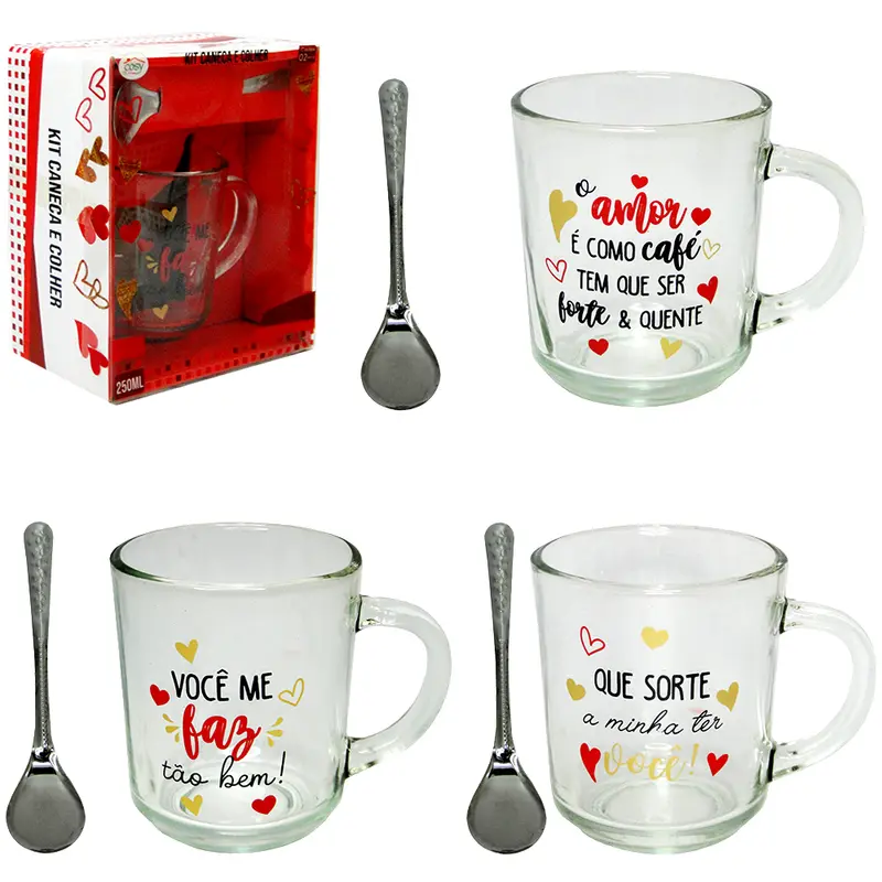 CANECA XICARA DE VIDRO FRASES 250ML + COLHER NA CAIXA