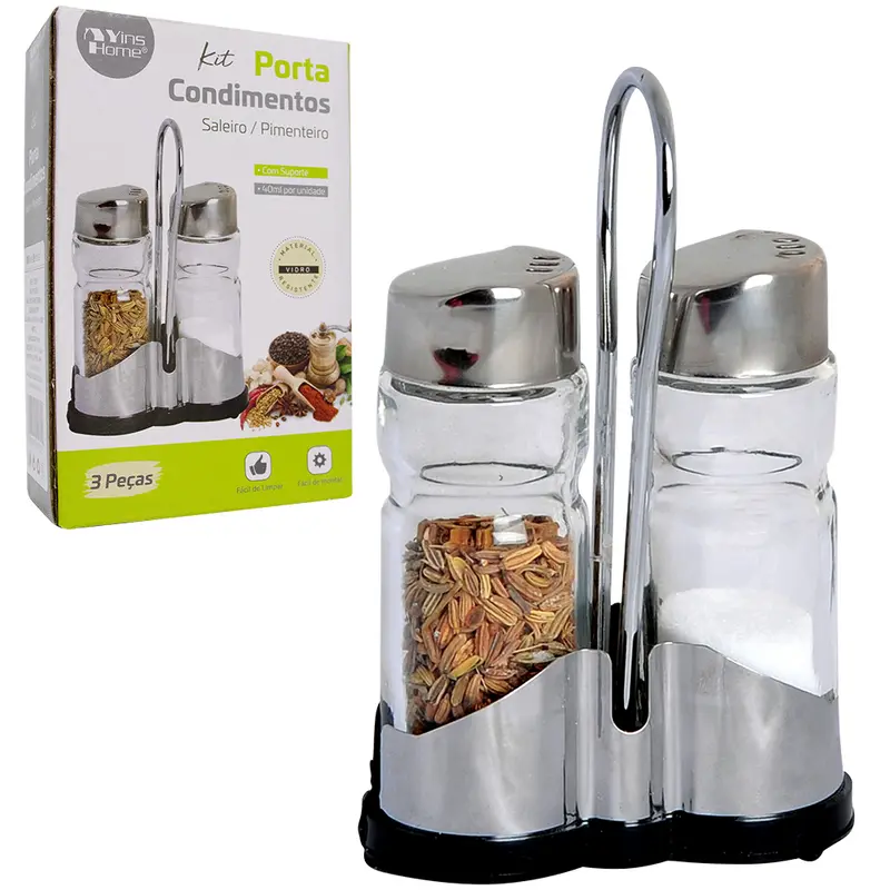 PORTA CONDIMENTO DE VIDRO COM 2 PECAS 40ML + SUPORTE DE PLASTICO / INOX