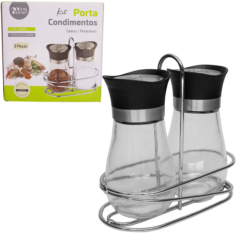 PORTA CONDIMENTO DE VIDRO COM 2 PECAS 140ML + SUPORTE ARAMADO