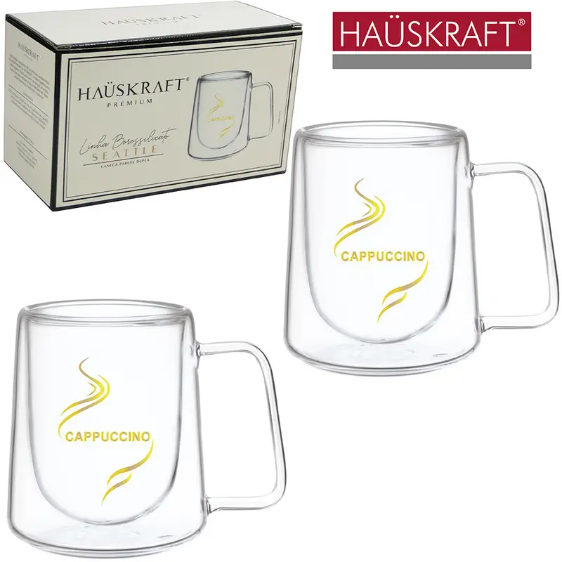 JOGO DE CANECA XICARA DE VIDRO COM PAREDE DUPLA BISTRO LINHA BOROSSILICATO SEATTLE HAUSKRAFT PREMIUM COM 2 PECAS 300ML