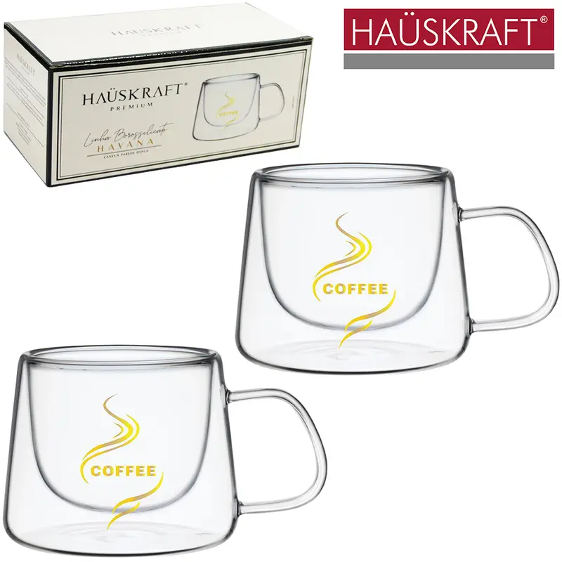 JOGO DE CANECA XICARA DE VIDRO COM PAREDE DUPLA BISTRO LINHA BOROSSILICATO HAVANA HAUSKRAFT PREMIUM COM 2 PECAS 200ML