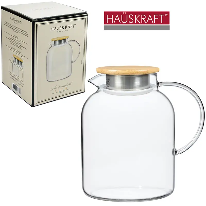 JARRA DE VIDRO COM TAMPA DE BAMBU / INOX LINHA BOROSSILICATO CLIVIA HAUSKRAFT PREMIUM 1,8L