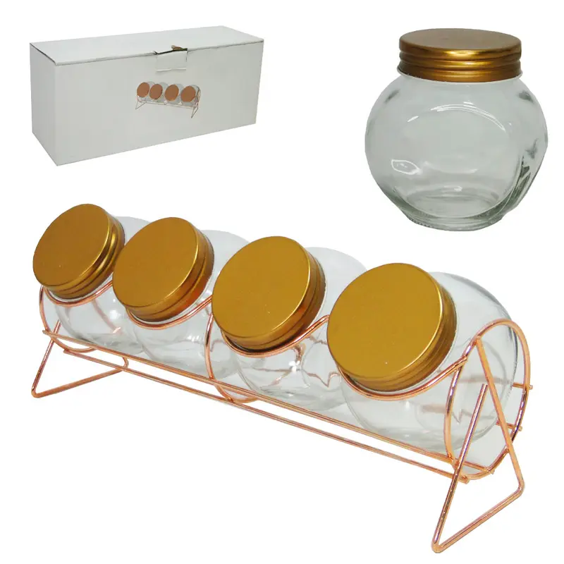 PORTA CONDIMENTO DE VIDRO COM 4 PECAS 200ML + SUPORTE ARAMADO METALIZADO ROSE GOLD