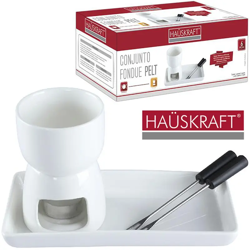 JOGO DE FONDUE DE PORCELANA PELT 2 GARFOS / PANELA / SUPORTE / BASE / VELA HAUSKRAFT 160ML