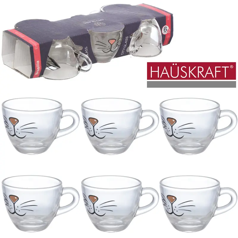 JOGO DE CANECA XICARA DE VIDRO PARA CAFE BRASILIA CAT HAUSKRAFT COM 6 PECAS 55ML