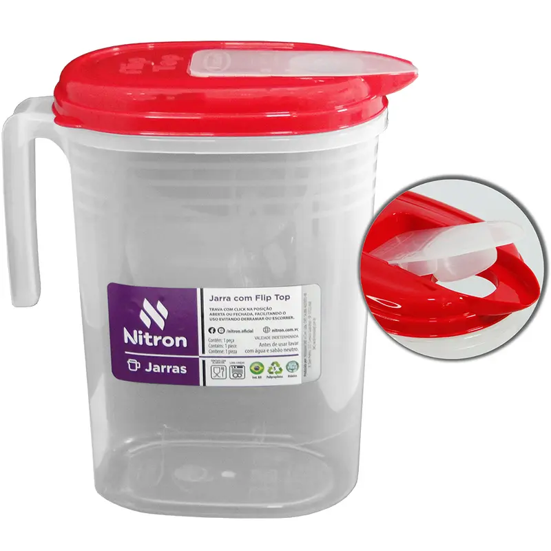 JARRA DE PLASTICO GRADUADO COM TAMPA FLIP TOP VERMELHO 2L