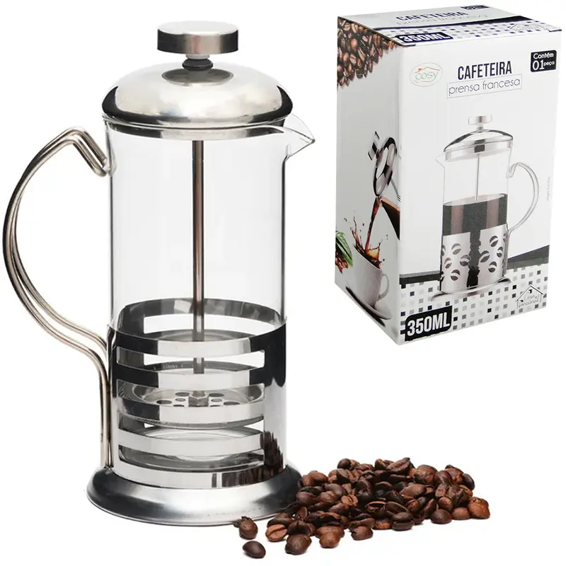 CAFETEIRA FRANCESA / CHALEIRA DE VIDRO 350ML COM TAMPA E BASE DE INOX