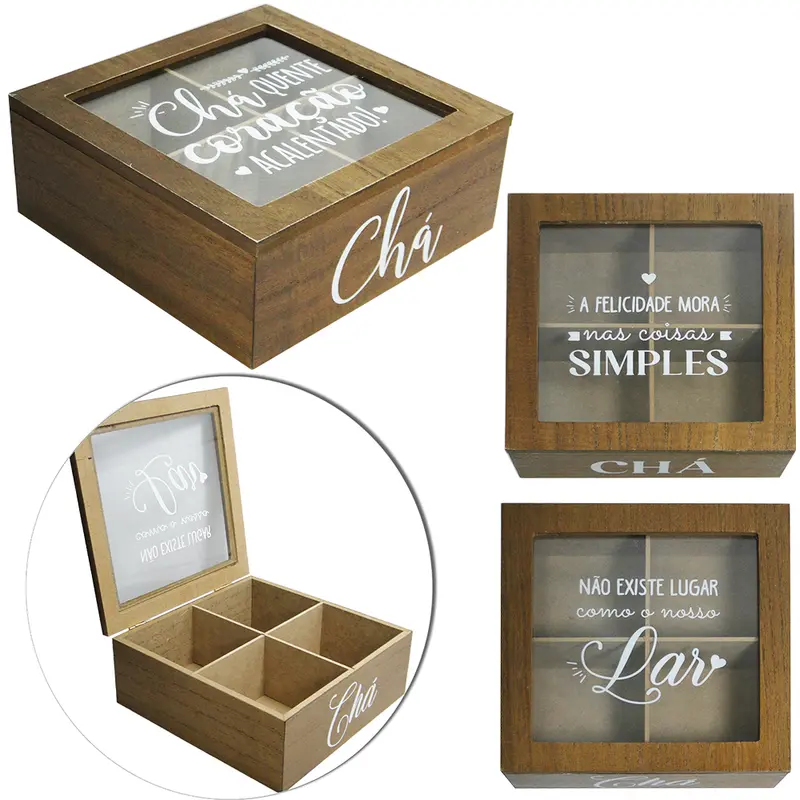 CAIXA ORGANIZADOR DE MADEIRA MDF PARA CHA COM 4 DIVISORIAS 18CM