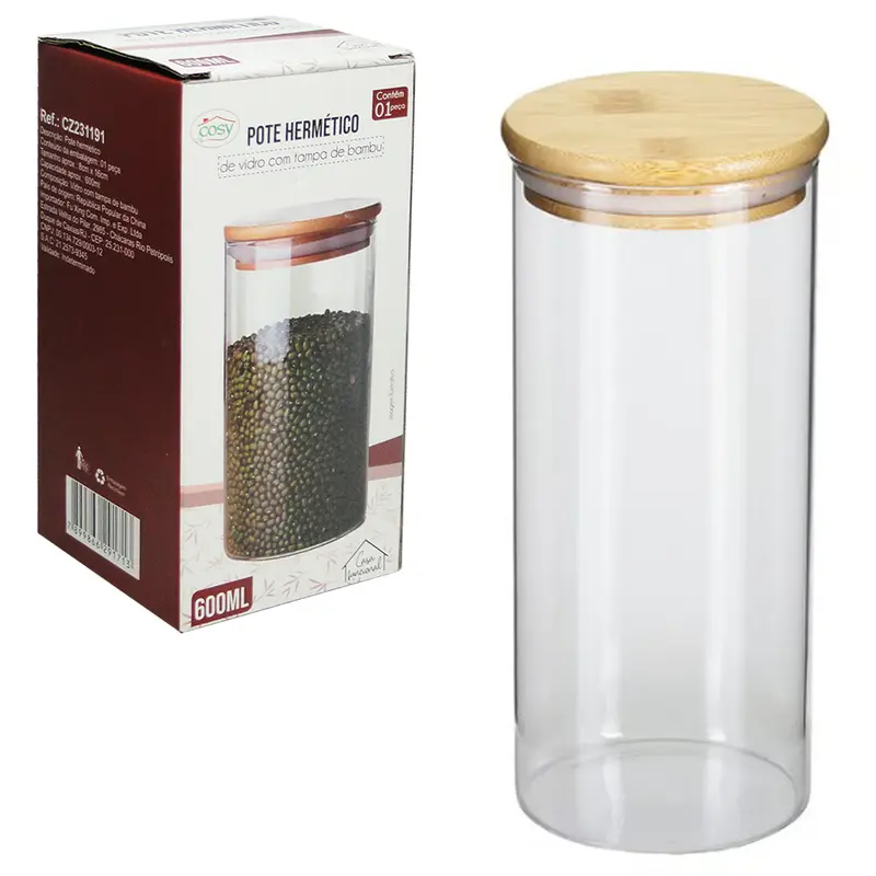 POTE DE VIDRO BOROSSILICATO LISO REDONDO COM TAMPA HERMETICA DE MADEIRA / BAMBU 600ML