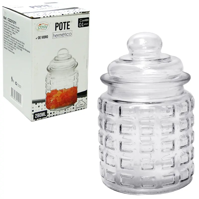 POTE DE VIDRO REDONDO RETO COM TAMPA HERMETICA DE VIDRO 280ML