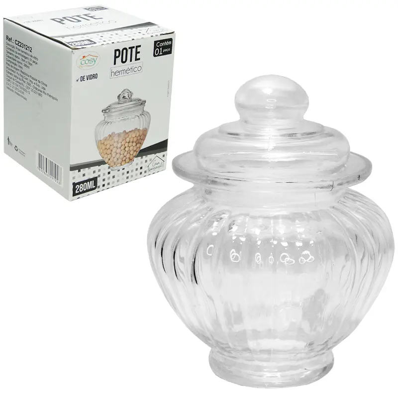 POTE DE VIDRO REDONDO BOJUDO COM TAMPA HERMETICA DE VIDRO 280ML