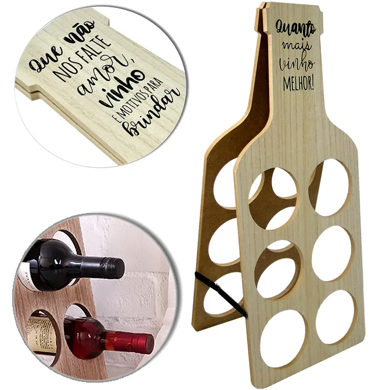PORTA VINHO DE MADEIRA MDF DECORATIVO FRASES PARA 6 GARRAFAS 51X21CM