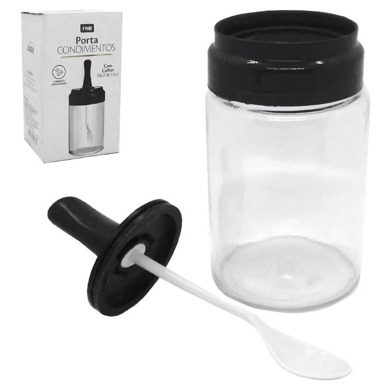 ACUCAREIRO / PORTA CONDIMENTO DE VIDRO COM COLHER + TAMPA DE PLASTICO 240ML