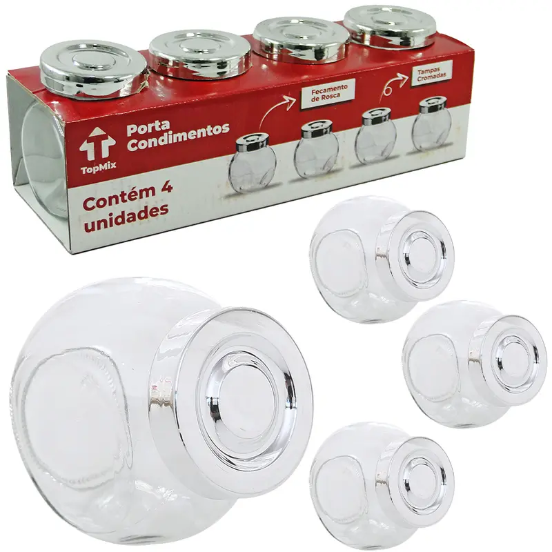 PORTA CONDIMENTO DE VIDRO BALEIRO COM TAMPA DE PLASTICO METALIZADO PRATA COM 4 PECAS 180ML