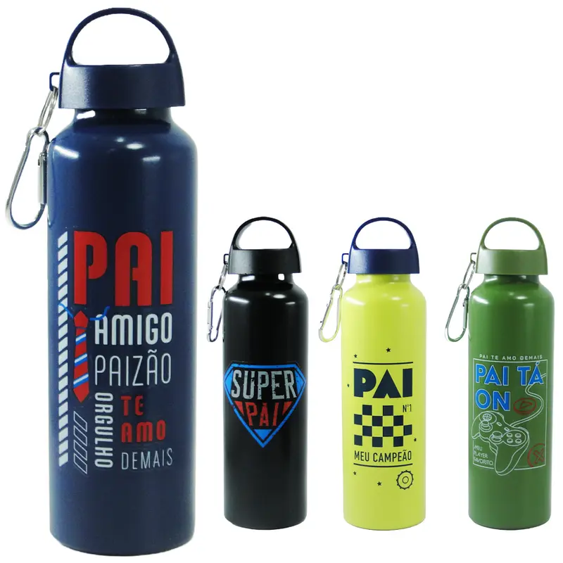 GARRAFA SQUEEZE DE ALUMINIO FRASES PAI COM TAMPA. + MOSQUETAO 600ML