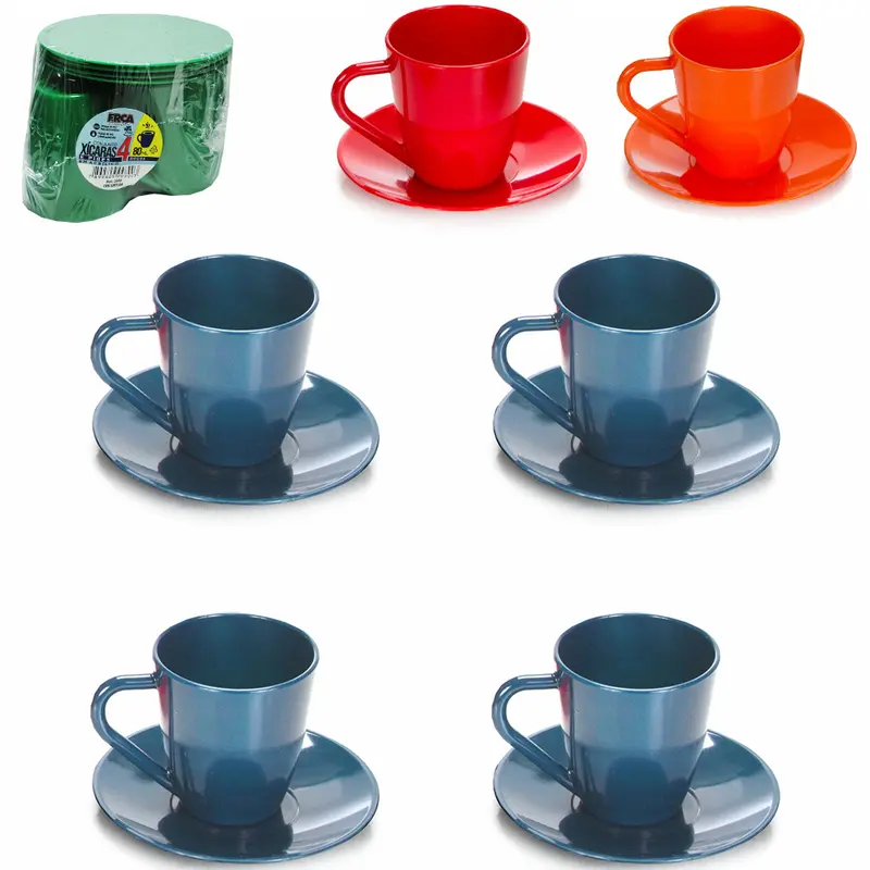 JOGO DE XICARA DE ACRILICO COM PIRES PARA CAFE COLORS COM 8 PECAS 80ML