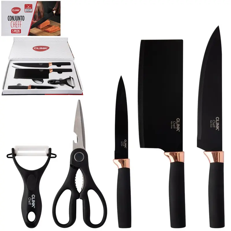 CONJUNTO DE FACA DE COZINHA DE INOX COM CORTADOR / DESCASCADOR + TESOURA E CUTELO CABO EMBORRACHADO CHEFF 5 PECAS