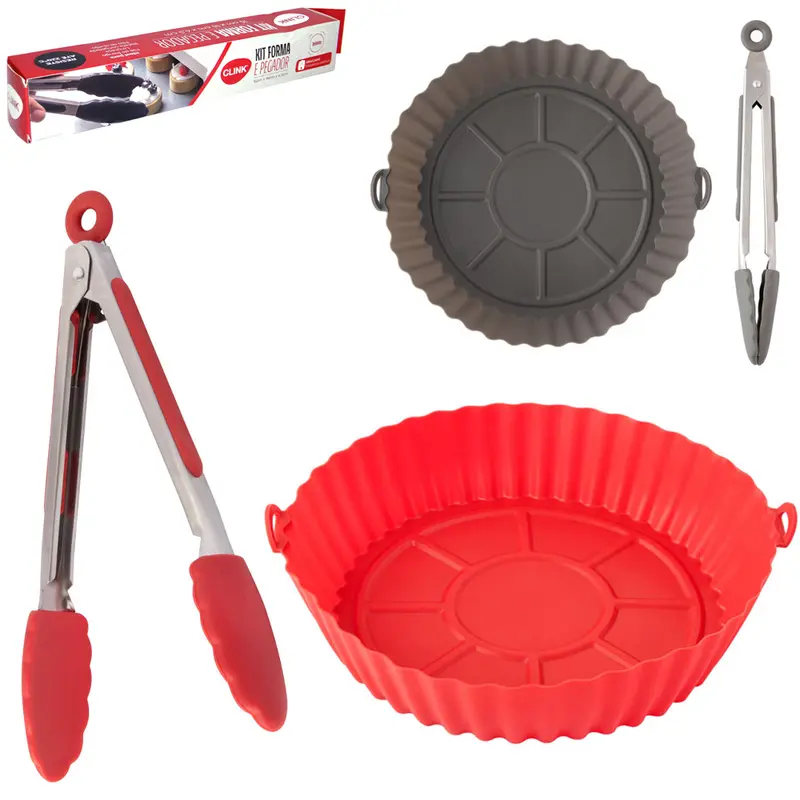 FORMA DE SILICONE REDONDA COM ALCA PARA AIR FRYER / FRITADEIRA ELETRICA + INOX PEGADOR