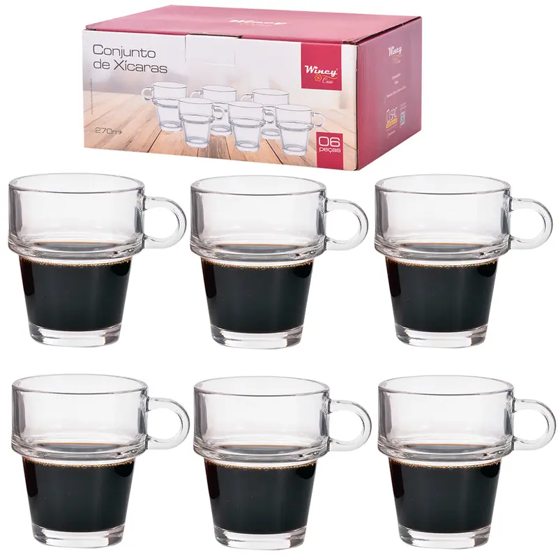 JOGO DE CANECA XICARA DE VIDRO PARA CHA COM 6 PECAS 270ML