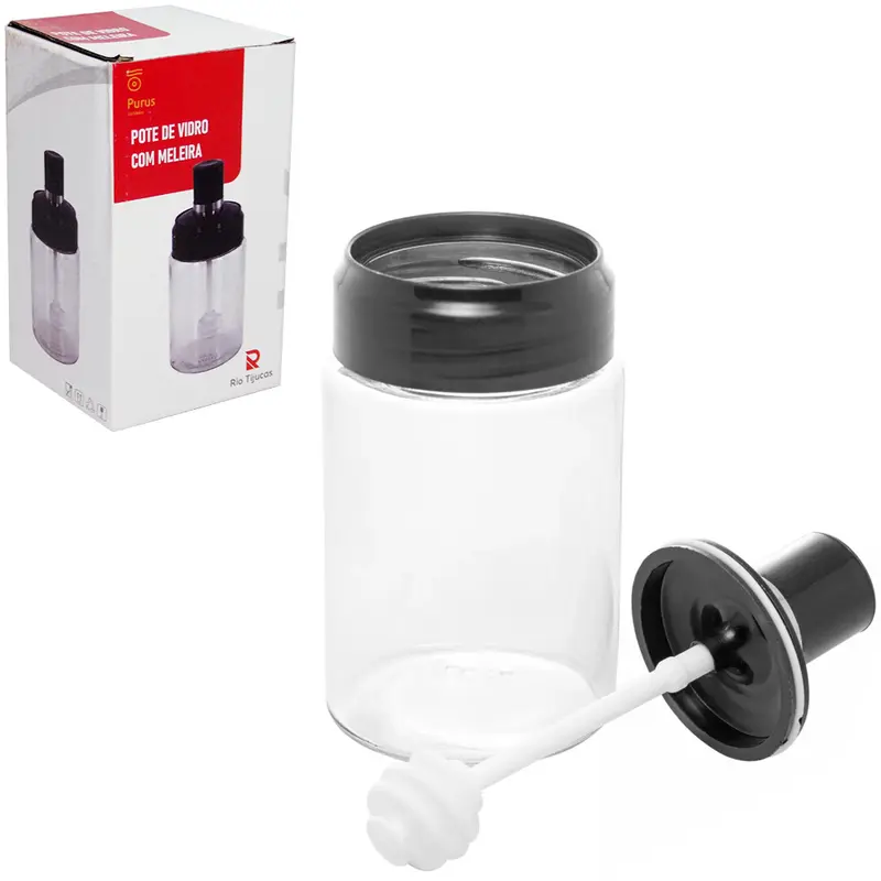 PORTA MEL / MELEIRA DE VIDRO COM TAMPA + PEGADOR DE PLASTICO 260ML 14X6,5CM DE Ø
