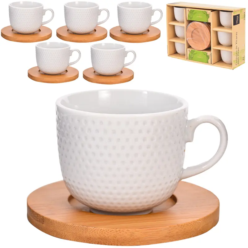 JOGO DE XICARA DE PORCELANA COM PIRES DE BAMBU PARA CAFE 12 PECAS 100ML