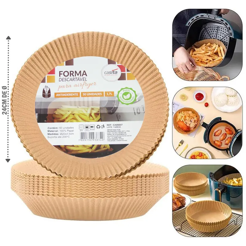 FORMA DE PAPEL REDONDA DESCARTAVEL PARA AIR FRYER / FRITADEIRA ELETRICA 50 PECAS 24/20CM DE Ø